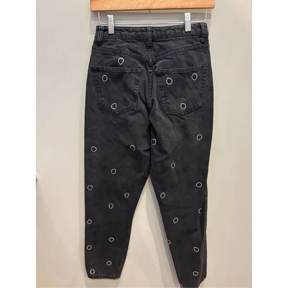 TopShop 26/30 Black alien sequined appliqué high rise cropped mom jeans